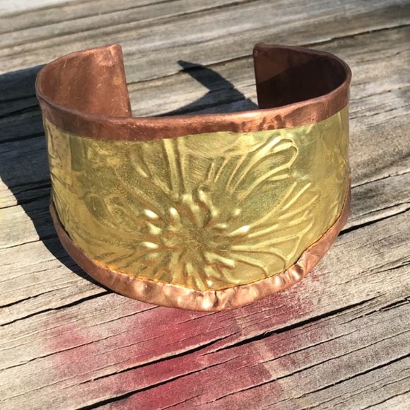 Rustic Brass Copper Cuff Bracelet Wide Floral Cowboy Gift Unisex Rustic Handmade - Picture 4 of 12